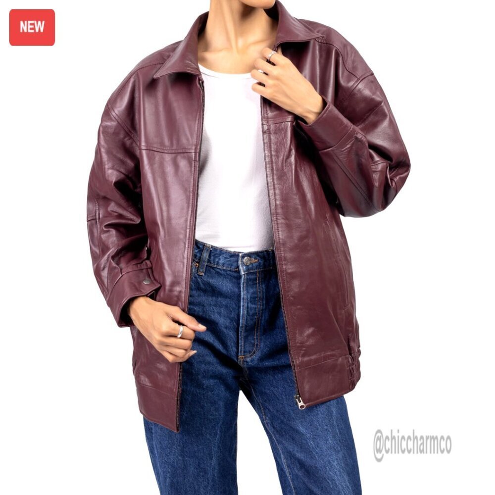Oversized Lambskin Leather Jacket Classic Motorcycle Style Chic Fall Outerwear